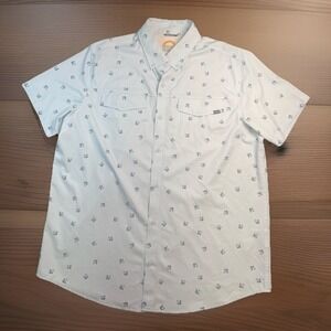 Hurley Mens Large Button Up Shirt Blue Palm Tree Print Short Sleeve Utility Fish